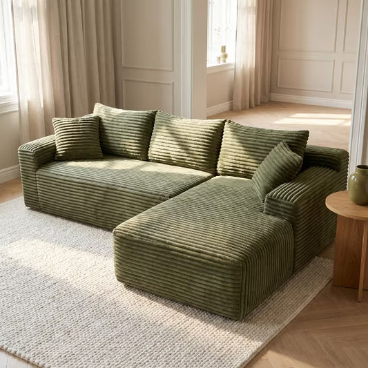 94.5" Cloud Modular Sectional Sofa with Right Facing Chaise, 4-Seater Jumbo Corduroy Couch for Living Room, Olive Green