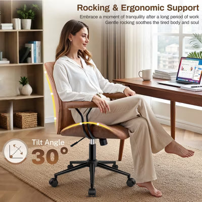 KERDOM Home Office Chair Arms with Wheels, PU Leather Mid Back Desk Chair with Adjustable Height, 360 Swivel for Office, Meeting Room, Brown