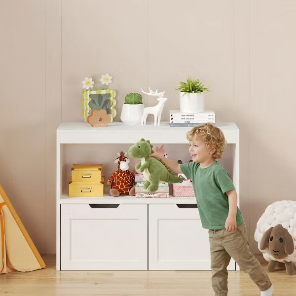 White Kids Storage Organizer – 2-in-1 Bookcase & Toy Cabinet with Display Shelves and Storage Bins for Bedroom, Playroom & Nursery Organization