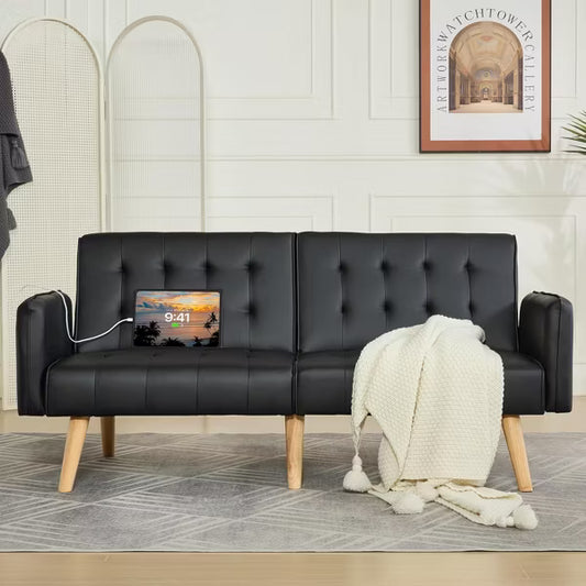 TYBOATLE 65" Convertible Faux Leather Futon Sofa Bed, Modern Upholstered Couch with USB, Folding Loveseat for Small Space, Apartment, Black