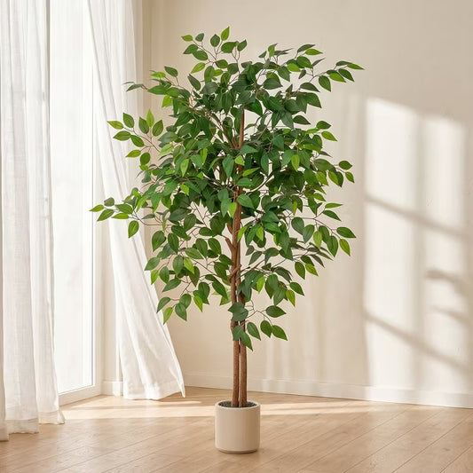 Romswi 5FT Artificial Ficus Tree with White Planter, Realistic Leaves, Natural Wood Trunk, Faux Greenry Plant, Indoor Home Office Decor