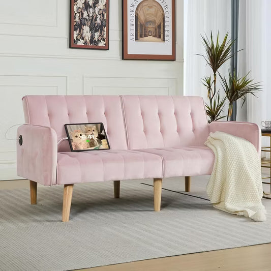 TYBOATLE 65" Convertible Pink Velvet Futon Sofa Bed, Modern Upholstered Couch with USB, Folding Loveseat for Bedroom, Apartment, Office,Pink
