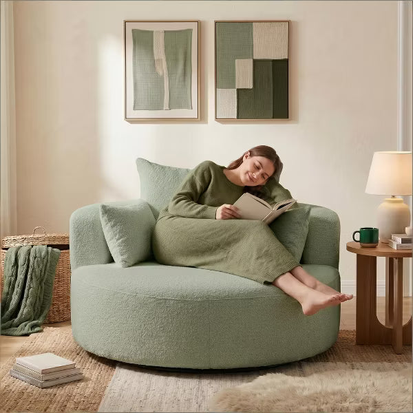 360° Modern Swivel Barrel Accent Chair in Premium Chenille Sofa- Round Oversized Cuddle Chair with 3 Toss Pillows for Contemporary Living Spaces