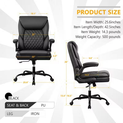 KERDOM Executive Office Chair, PU Leather Office Chair Upholstered, Adjustable Computer Task Chair With Tilt, Black