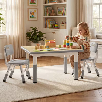 TODECARE Kids Table and Chair Set with Height Adjustable Table & Chairs, and Safe Design, Perfect for Play, Study, and Dining, Gray