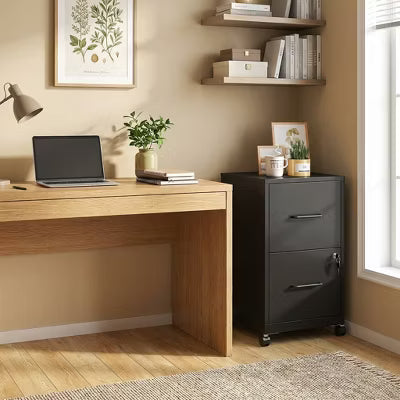 VIYET 27"H Mobile 2-Drawer Metal File Cabinet with Lock & Wheels, Black Heavy-Duty Under Desk Storage for Home Office, Adjustable Feet