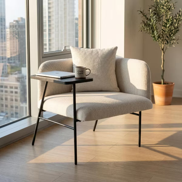 Modern Hyyge Upholstered Accent Chair with Side Table & Back Pillow, Comfy Lounge Chair Single Sofa with Pockets for Living Room
