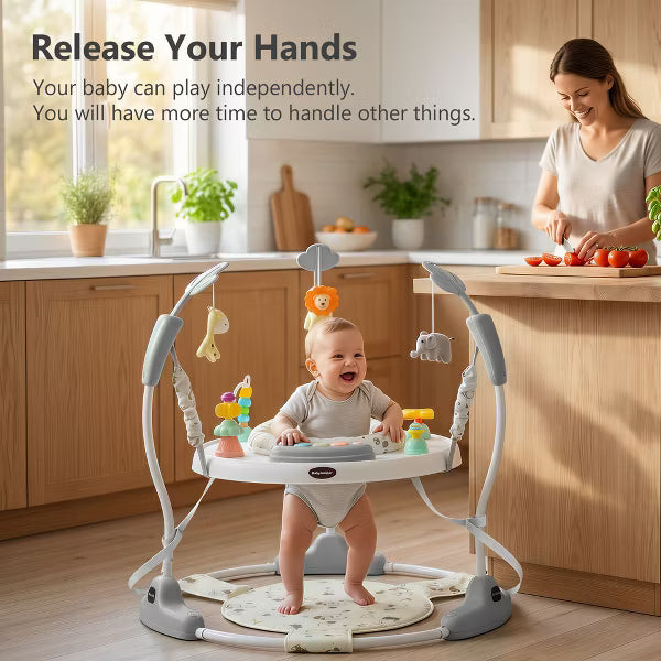 TODECARE 3-in-1 Baby Activity Jumper – 360 Rotating Seat, 3-Level Adjustable Height, Interactive Toys, Removable Foot Mat, Gray