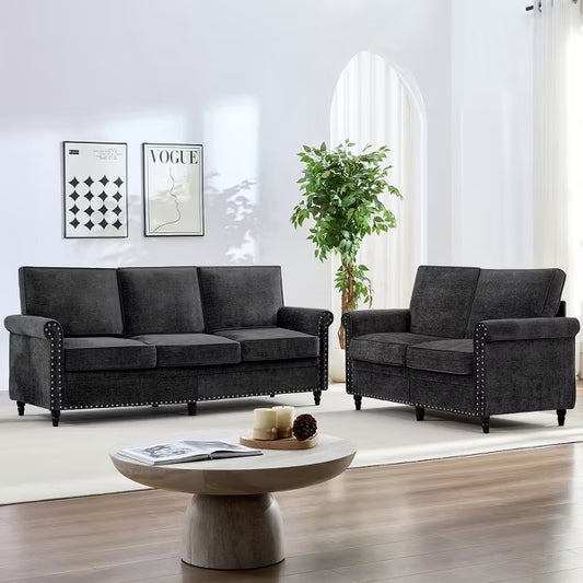 Mjkone 2 Piece Living Room Sofa Set with Riveted Design,Chenille W76''3-Seater Sofa Couch with W53''Loveseat Sofa,Black
