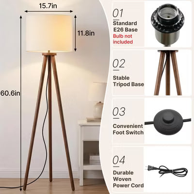 60.5" Natural Wood Tripod Floor Lamp, Nordic Style with White Linen Shade for Bedroom, Living Room, Study, Reading Room & Office