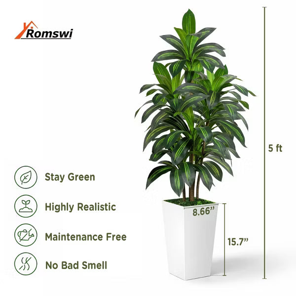 ROMSWI Dracaena Artificial Tree 5FT Tall Pre Potted Dracaena Trees with White Tall Square Planter for Indoor Outdoor Home Office Decor