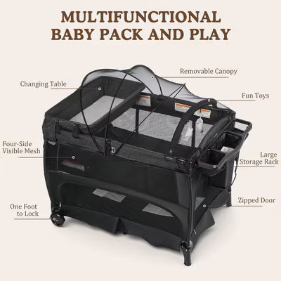 TODECARE 5-in-1 Baby Playard with Bassinet, Bedside Sleeper, Changing Table, Canopy & Side Zipper, Portable Baby Playard