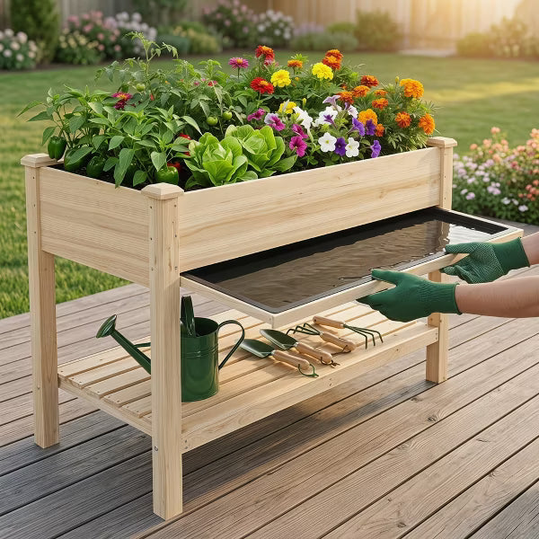 Raised Garden Bed 48"x23"x31" Elevated Wood Planter with Storage Shelf & Water Tray – Outdoor Herb, Vegetable & Flower Planter for Balcony Patio