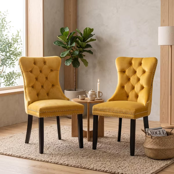 Set of 2 Tufted Velvet Upholstered Accent Chairs with Wood Legs, Modern Dining Chairs, College Dorm Room Decor & First Apartment Furniture