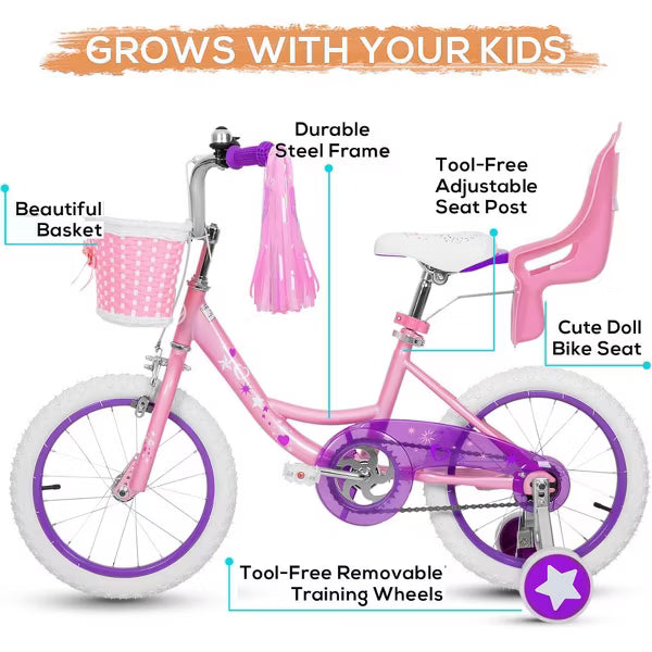 Hykolity 14-Inch Kids Bike for Girls Ages 3-7, Flesh Pink, with Training Wheels, Doll Seat, Basket, Adjustable Saddle, Dual Brakes, Pink