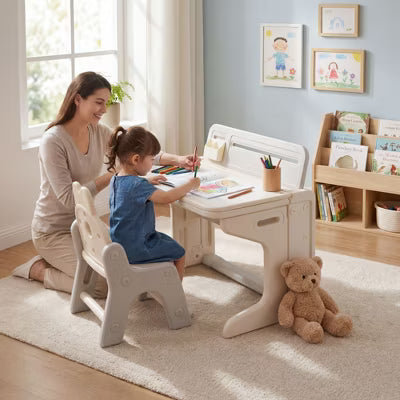 TODECARE Kids Table and Chair Set, Toddler Activity Table with Bookshekf and Graffiti/Block Building Desktop, Kids desk for Home, Preschool, Gray