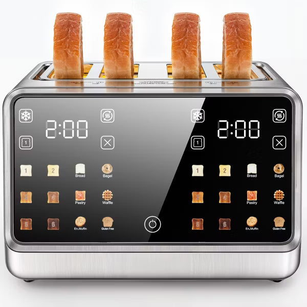 Teendow Touch Screen Toaster 4 Slice, 1800W Stainless Steel Digital Smart Toaster with Dual Controls, 6 Shade Levels for Bagels, Bread, and Pastries