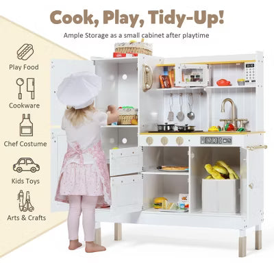 TODECARE Wooden Pretend Play Kitchen Set for Kids with Microwave oven, Ice Maker and Oven, White