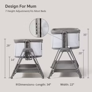 Fodoss Baby Bassinet Bedside Sleeper with Wheels & Storage Tray, Portable Crib for Newborns (GREY)