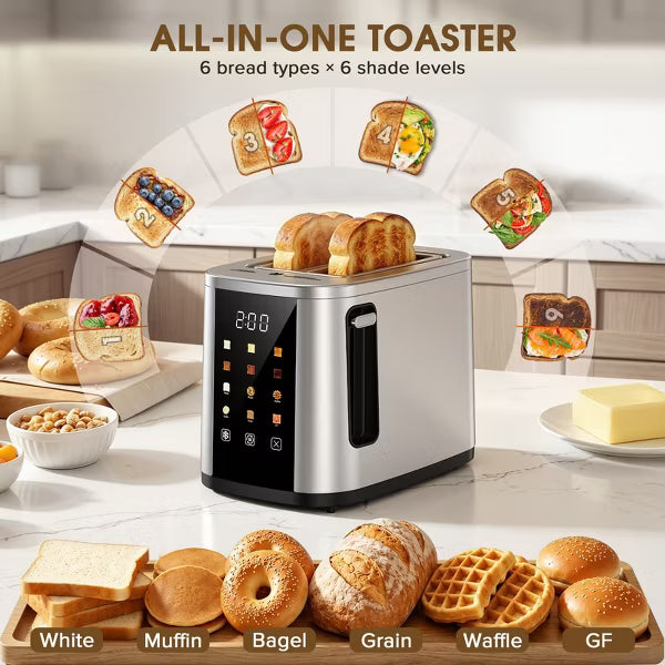 Teendow Digital Touchscreen 2-Slice Toaster with Bagel, Defrost & Reheat Functions, 6 Shade Settings, Stainless Steel, Removable Crumb Tray, 800W