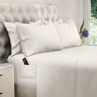 Hoey Full Size 4-Piece Microfiber Sheet Set – Deep Pocket Bed Sheets with Embroidered Pillowcase and Storage Pocket (White)
