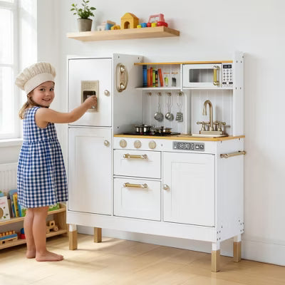 TODECARE Wooden Pretend Play Kitchen Set for Kids with Microwave oven, Ice Maker and Oven, White