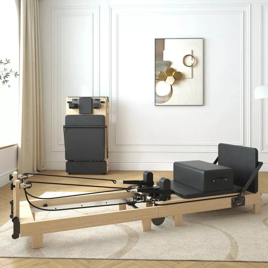 Wooden Pilates Reformer with Springs, Box and Jump Board, Home and Studio Pilates Machine(Natural Wood)