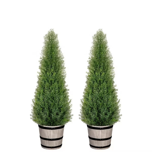 Romswi Artificial Cedar Topiary Tree, 3FT with Barrel Planter, Faux Pine Shrubs Plant, Outdoor Indoor Home Decor Realistic Fake Plants, 2-Pack