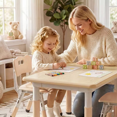 TODECARE Kids Table and Chair Set with Height Adjustable Table & Chairs, and Safe Design, Perfect for Play, Study, and Dining, Natural