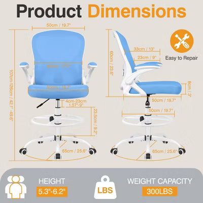 KERDOM Tall Office Chair Ergonomic Standing Desk Chair, Lumbar Support Computer Chair Swivel Task Rolling Chair, Blue