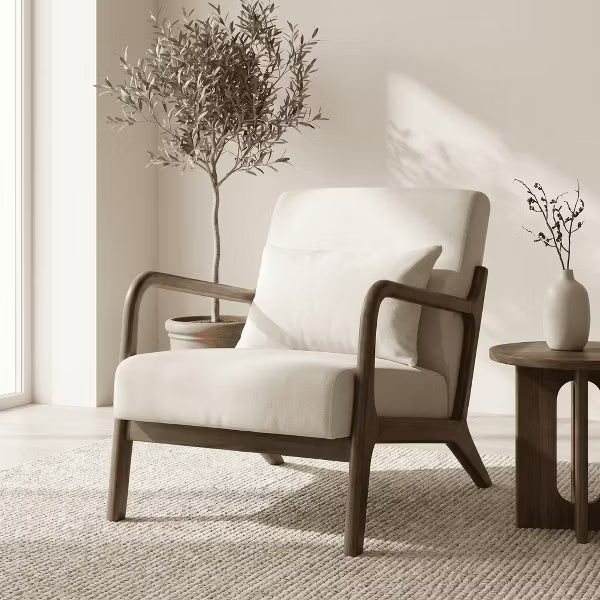 Mid Century Modern Accent Chair with Wood Frame, Upholstered Living Room Chairs with Waist Cushion, Reading Armchair for Bedroom Sunroom