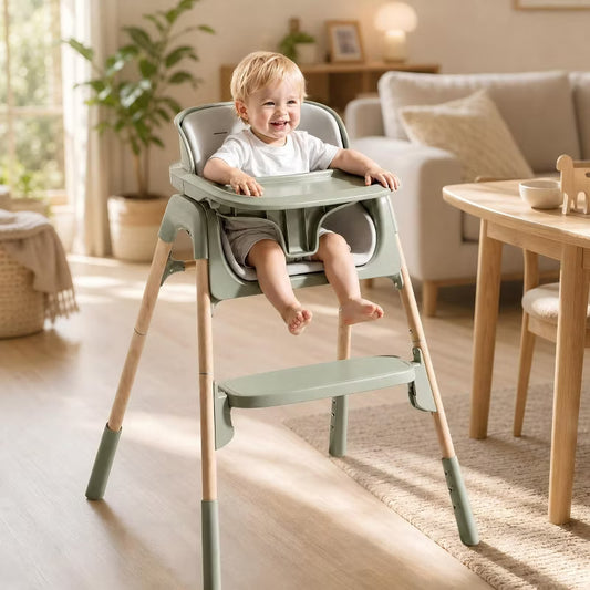 AmourLil 4-in-1 Convertible High Chair for Babies & Toddlers, Adjustable Height with Dishwasher-Safe Tray, Easy-Clean Design, Beige (Green)