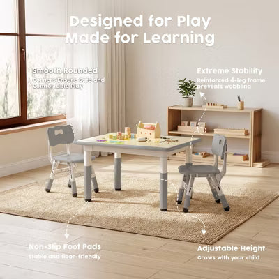 TODECARE Kids Table and Chair Set with Height Adjustable Table & Chairs, and Safe Design, Perfect for Play, Study, and Dining, Gray