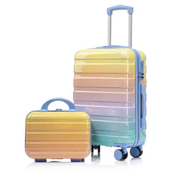 14"/20" 2 pcs/set in PC Spinner Wheel Luggage, Carry on Kid Suitcase, Kid Suitcase wheel, With Gradient Color and Combination Lock, Blue+Yellow