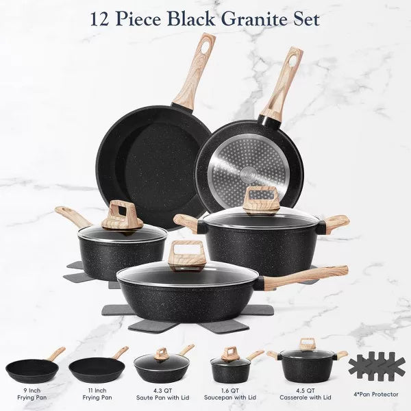 SODAY 12pcs Pots and Pans Set Non Stick Kitchen Cookware Sets Induction Cookware Nonstick Granite Cooking Set with Frying Pans, Saucepans.