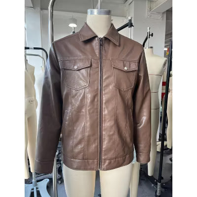 COOFANDY Men's Faux Leather Lapel Zip Up Jacket with Chest Pockets Brown S