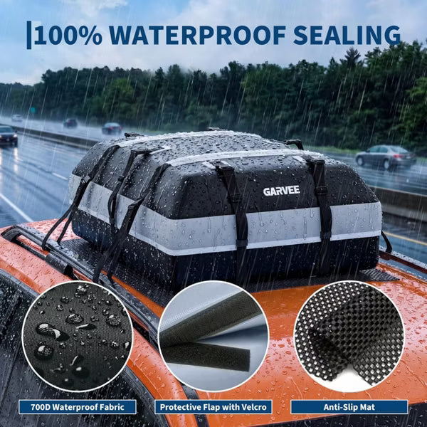 21 Cubic Feet Waterproof Car Roof Cargo Bag, Soft Shell Roof Storage with Lock, Straps, Anti-Slip Mat & Door Hooks