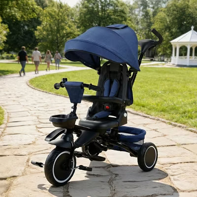 TODECARE 8-in-1 Kids Folding Tricycle with Adjustable Push Handle, Blue