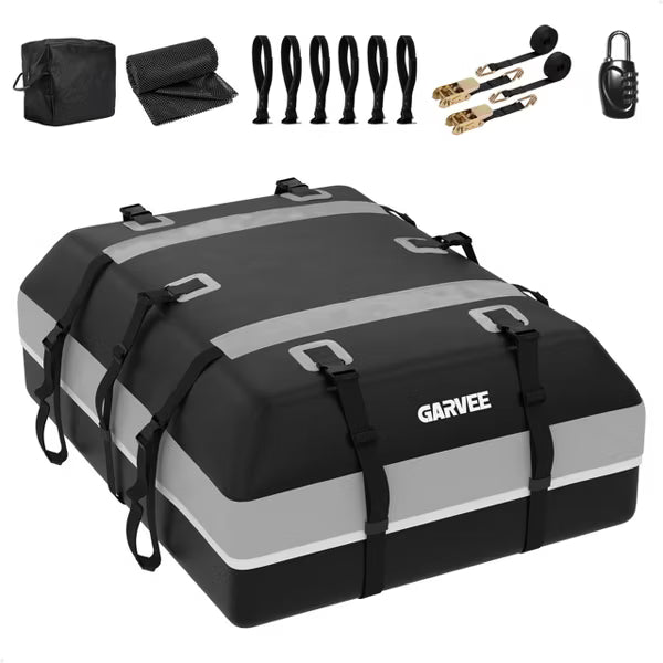21 Cubic Feet Waterproof Car Roof Cargo Bag, Soft Shell Roof Storage with Lock, Straps, Anti-Slip Mat & Door Hooks