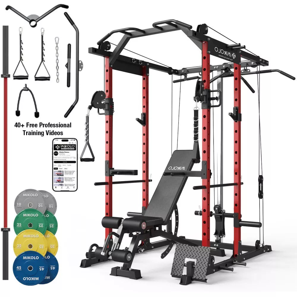 Power Cage with Cable Crossover System, 1500LB Power Rack Home Gym(230LB Color Plates, 7FT Barbell, Weight Bench,Red)