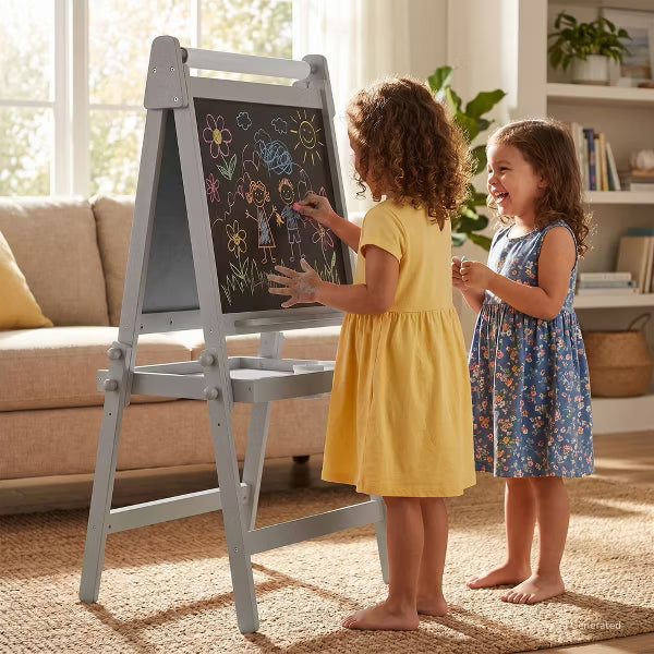 TODECARE Adjustable 3-in-1 Kids Art Easel with Magnetic Whiteboard, Chalkboard, Paper Roll & Storage, Gray
