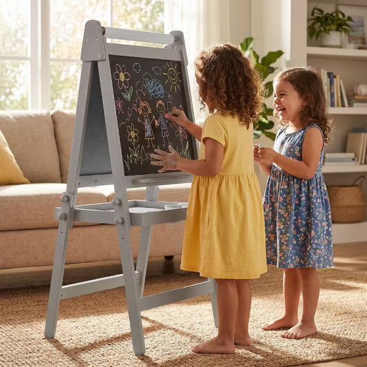 TODECARE Adjustable 3-in-1 Kids Art Easel with Magnetic Whiteboard, Chalkboard, Paper Roll & Storage, Gray