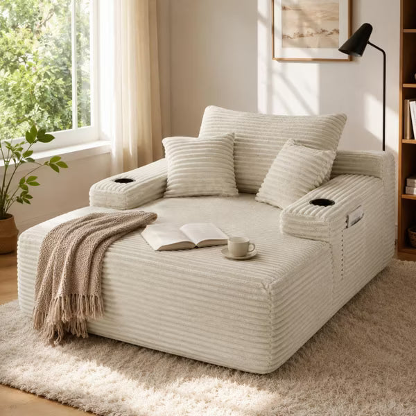 47" Corduroy Convertible Chaise Lounge Chair with Cup Holder, Plush Sleeper Sofa Bed with Pillows, No Assembly Required for Living Room Bedroom Dorm