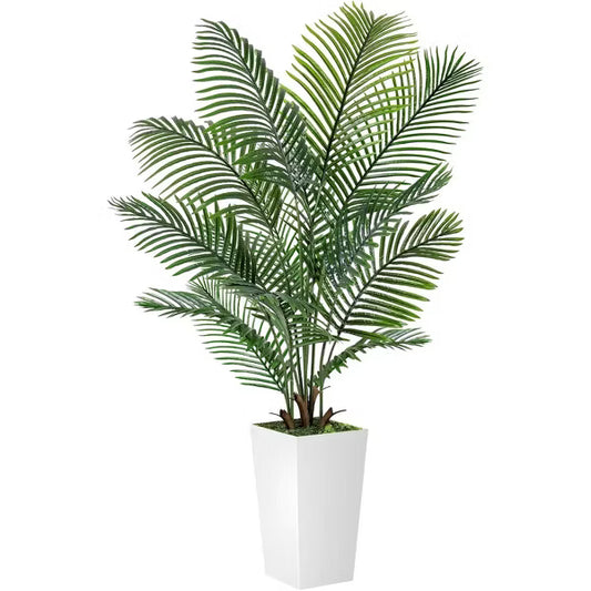 ROMSWI 5FT 6FT Artificial Palm Tree with White Planter, Lifelike Golden Cane Palm Tree, Tropical Fake Tree for Outdoor Indoor Decor 5FT