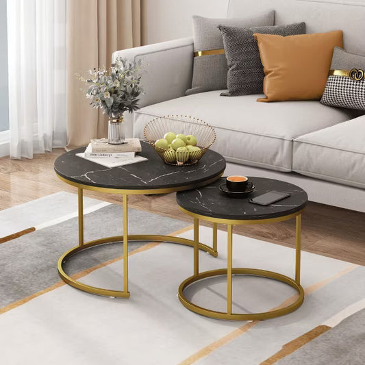 27.6in Nesting Coffee Table Set of 2, Round Coffee Table Wood Top with Sturdy Metal Frame, End Table Side Tables for Living Room Bedroom Balcony Yard