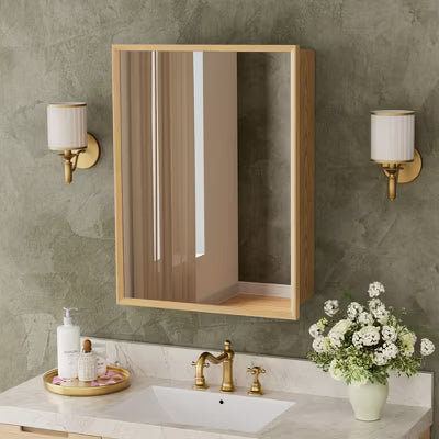 20"x28" Bathroom Wall Cabinet with Mirror,Oak Wooden Storage Cabinet with Adjustable Shelves for Bathroom Organization