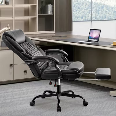 KERDOM Leather Office Chair, Big and Tall Home Office Desk Chairs with Adjustable Padded Headrest Armrest, Black