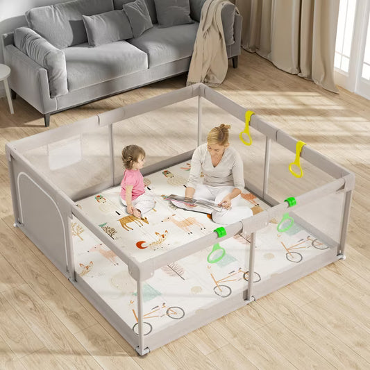 Fodoss Baby Playpen with Mat, 59x59 In Playpen for Babies and Toddlers, Indoor & Outdoor Activity Center, Safety Baby Fence (59x59x27inch, gray)