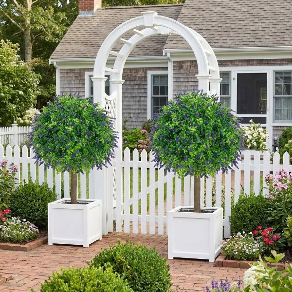 2 PCS Artificial Boxwood Topiary Ball Trees with Lavender with Ground Spike UV Resistant & Fade-Proof Faux Shrub for Pathway Decor