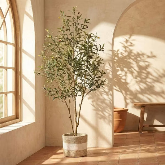 7FT Artificial Olive Tree with Tall Exquisite Planter Realistic Faux Olive Tree with Thick Trunk and Lifelike Fruits Artificial Plants for Home Office